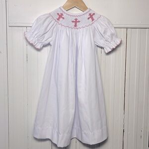 SOUTHERN SUNSHINE EUC Pink Cross Smocked White Dress